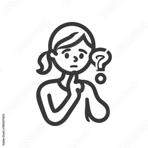 The stylized image depicts a girl with a question mark