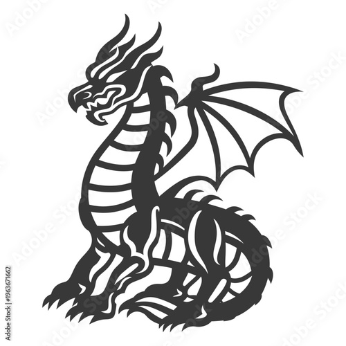A stylized seated dragon showing wings and fierce looking expression