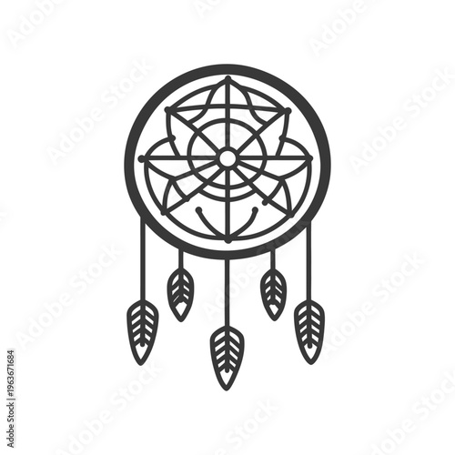 A black and white image of a dream catcher with feathers