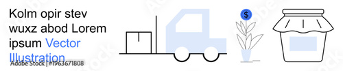 E-commerce, supply chain, sustainability, small business, packaging, online shopping. Delivery truck, potted plant jar with packaging. E-commerce and supply chain visually