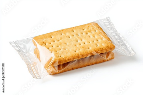 A close-up shot of a biscuit sandwich, individually wrapped in transparent packaging, showcasing the textures and the simple allure of this delicious treat.