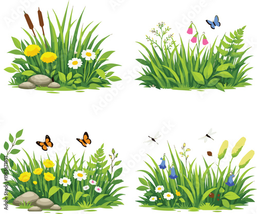 Generate a kinds of deferent Green grass meadow with fresh foliage leaves, natural plants and outdoor environment. vector art with white background..