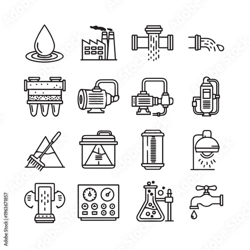 Industrial Water Treatment Equipment Icons: Pumps Filters Valves and FaucetsClean Line Art