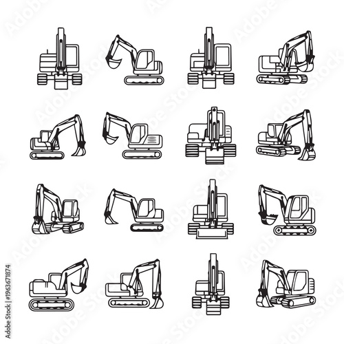 Excavator Construction Vehicle Set Multiple Angles Line Art Industrial Equipment