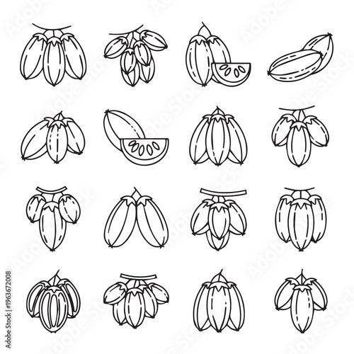 Exotic Fruit Bunches Line Art Icons: Diverse Tropical Produce Illustrated