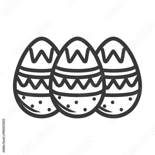 Three ornately decorated eggs appear in a simple black outline