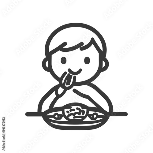Cartoon person smiling while eating food from a plate with a fork