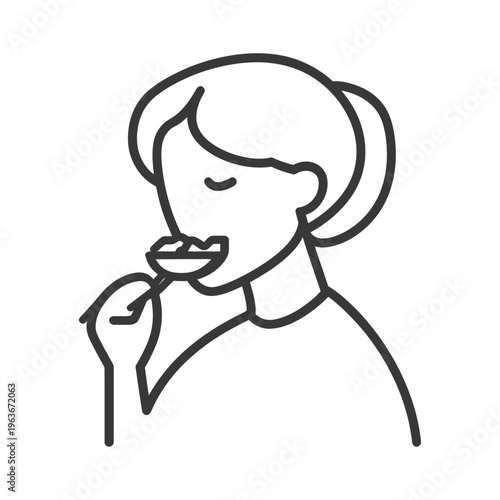 A person eating from a spoon represented in a line drawing