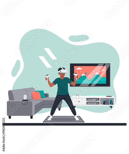 Young man deeply immersed in virtual reality gaming using modern headset and motion controllers