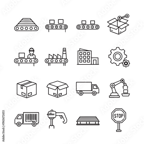 Factory Automation Icons: Conveyor Belts Robotics Logistics & Manufacturing Elements Line Art