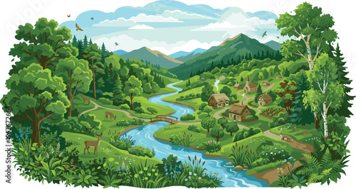 Generate a realistic beautiful landscape filled with green trees and rich foliage showcases the harmony between nature and the surrounding ecosystem vector art with white background..