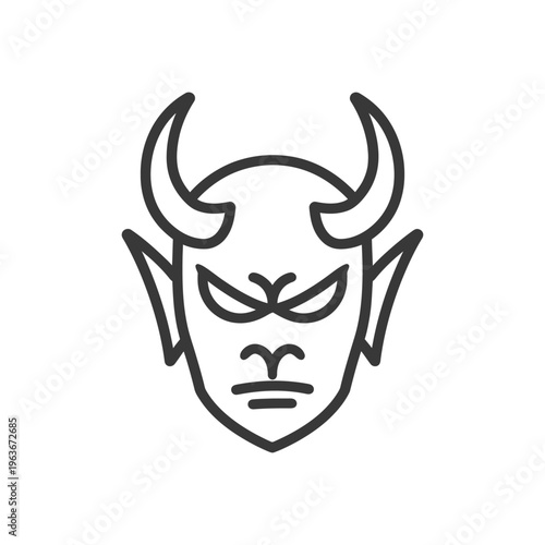 A black outlined illustration of a demon with horns and pointed ears