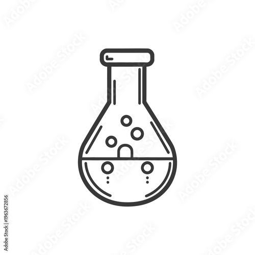 A laboratory flask with liquid and air bubbles is shown