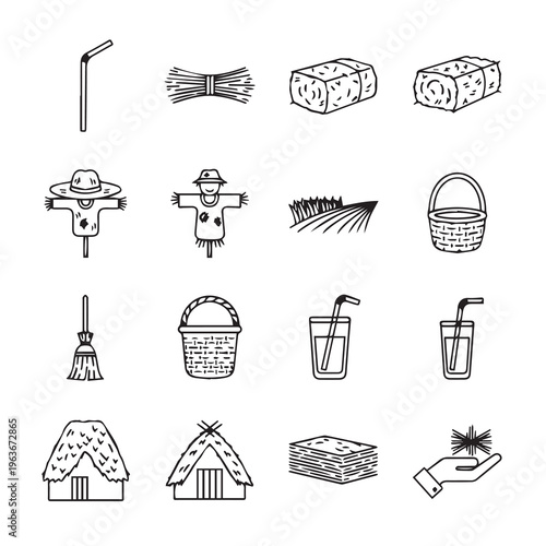 Farm Icons: Straw Hay Bales Scarecrows Baskets Drinks and Huts | Hand-Drawn Vector Elements