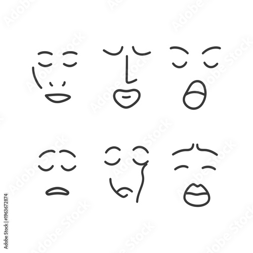 Six simple line drawing faces expressing different human emotions