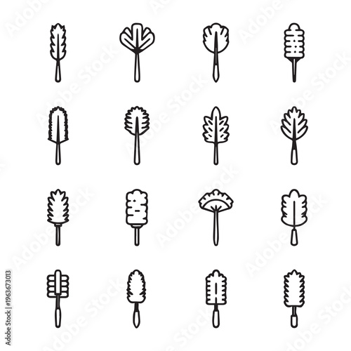 Feather Dusters Collection Various Shapes and Bristle Styles on White Background Line Art