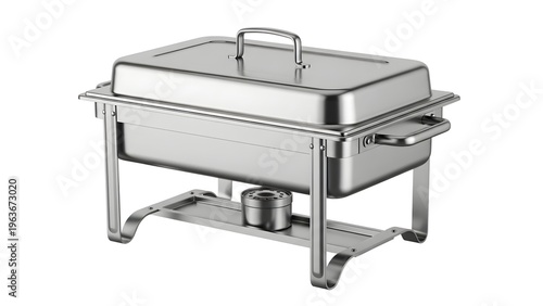 A stainless steel chafing dish on a stand with a transparent background