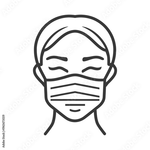 A stylized drawing depicts a person wearing a face mask