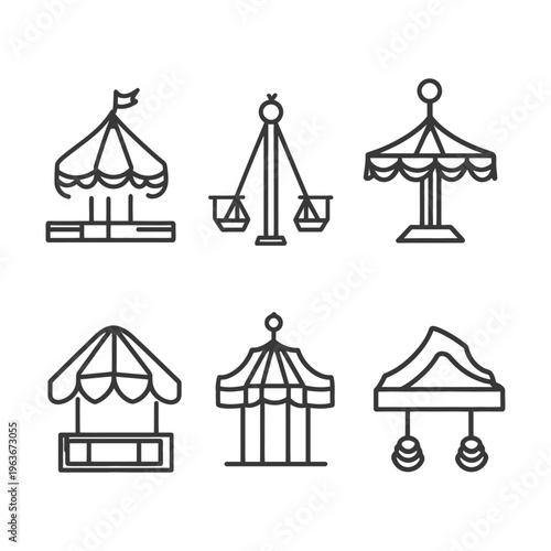 Six illustrated carnival ride and amusement park attractions displayed