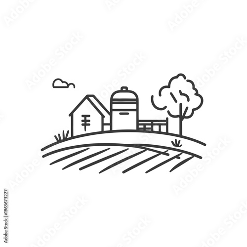 A simple black and white illustration of a rural farm scene