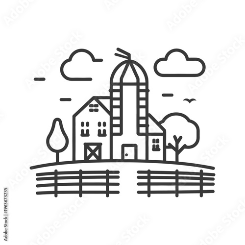 Simple line drawing depicting a rural farmland and agriculture scene
