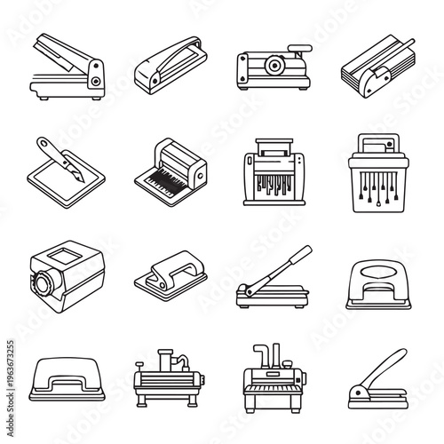Office Equipment Icons: Staplers Shredders Cutters and PunchersClean Line Art Set