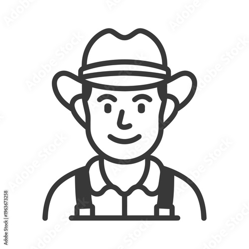 A smiling person wearing a hat and suspenders icon