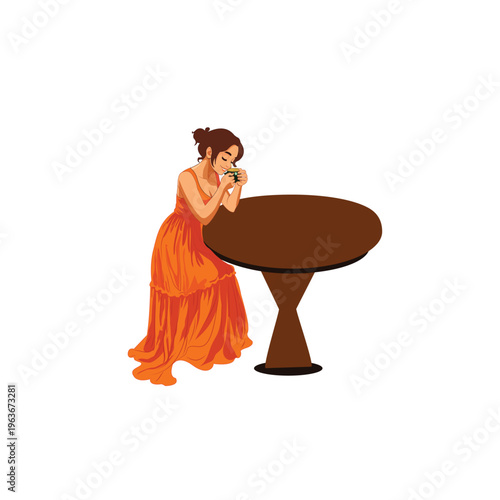 A vector illustration depicts a woman in a long orange dress sitting and leaning on a small, round brown table.
