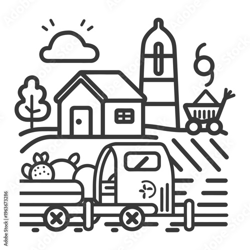 A farm scene depicting a truck and fields with buildings