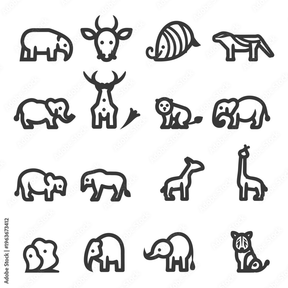 Fototapeta premium Various stylized black and white images of different wild animals