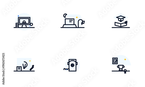 Hand-drawn Collection of education and distance learning icons including computer, laptop, book, and trophy. authentic illustration