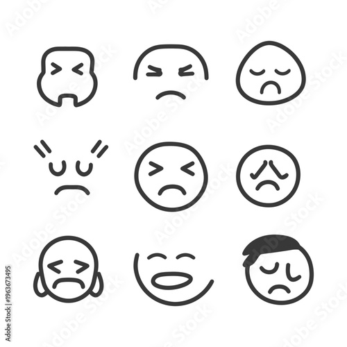 Various stylized black and white depictions of emotional expressions