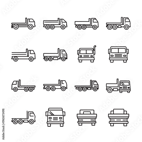 Flatbed Trucks Collection Various Angles and Designs Transportation Icons Clean Line Art Style