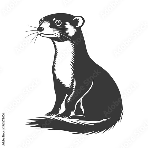 A black and white graphic illustration of a sitting weasel