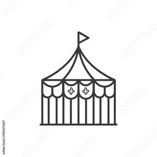 A simplistic black and white illustration of a circus tent