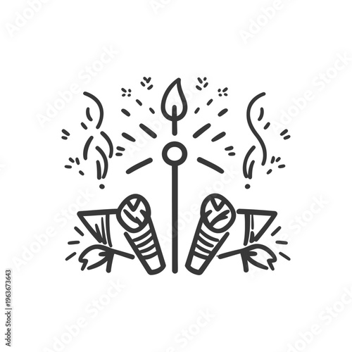 A celebratory display of fireworks and microphones represented in black and white