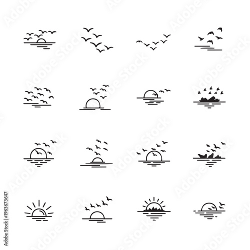Flock of Birds Flying Over Calm Water at Sunrise or Sunset Minimalist Line Art
