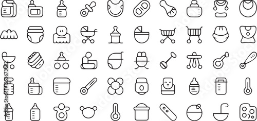 Baby care icons, nursery symbols, 40 line style illustrations, black and white vector graphics
