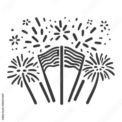 The graphic shows flags with celebratory fireworks bursting above