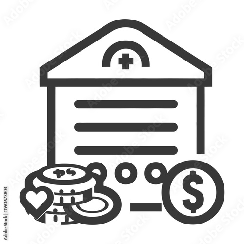 Medical facility image with monetary and charity related elements