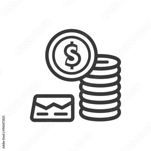 Stacked coins with financial document showing stock market trend