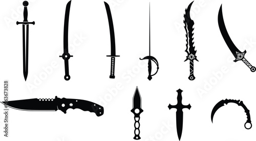 Bladed weapons silhouettes collection featuring swords, daggers, knives, katanas, scimitars, fantasy blades, medieval styles, tactical vector illustration