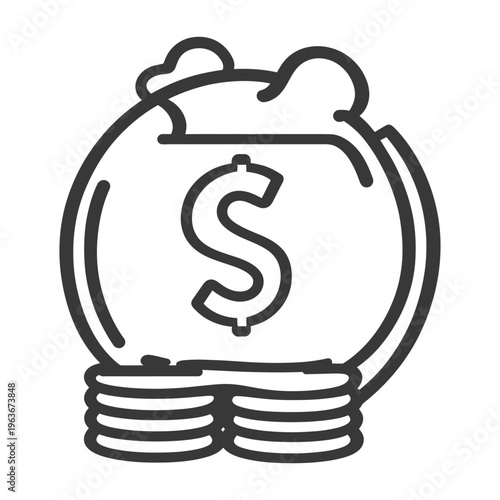 A black and white line drawing of a money bag