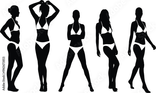   
Female swimsuit silhouettes collection featuring standing poses, fashion models, body outlines, summer beachwear, stylish figures, vector illustration design