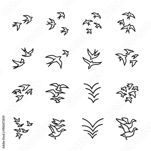 Flock of Birds in Flight Stylized Line Art Icons Minimalist Vector Illustrations