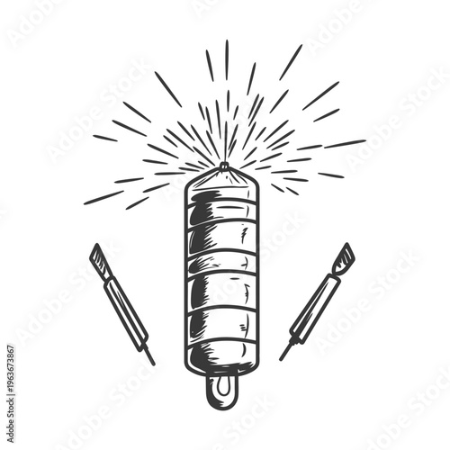 Black and white illustration of a cylindrical object with lines radiating from it