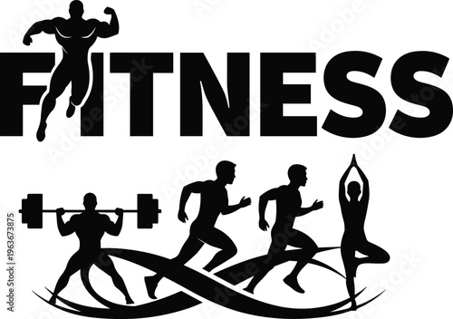 Fitness logo design, bold FITNESS text with silhouettes of bodybuilding, running, yoga, dynamic sports branding artwork illustration
