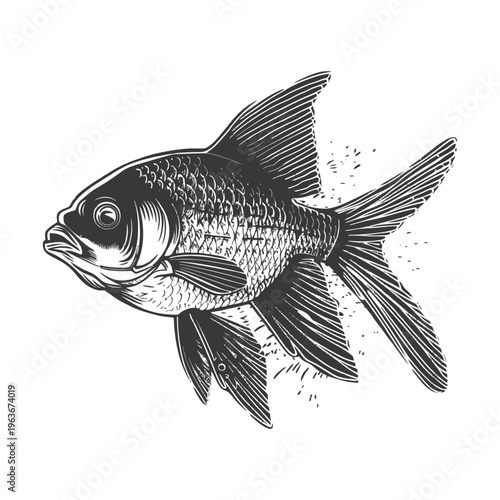 A stylized illustration depicts a single swimming fish with fins