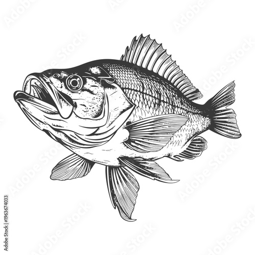 An illustration depicting a detailed black and white fish design