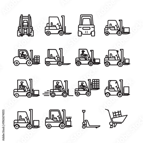 Forklift Icons Set: Various Angles & Actions Warehouse Logistics & Material Handling Clean Line Art Style